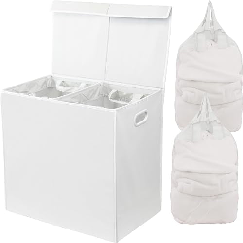 Simple Houseware Double Laundry Hamper with Lid & Removable Bags, White | Heavy Duty 600D Polyester, Water-Resistant Surface - color: White