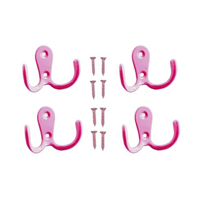 4 Pcs Double Prong Robe Hooks, Dual Coat Hooks Wall Mounted Hanging Clothes for Bathroom Bedroom Door Wall Retro Metal Cloth Hanger Double Coat Hooks with 8 Screws (Pink) - color: Pink