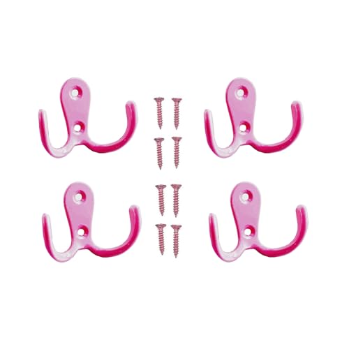 4 Pcs Double Prong Robe Hooks, Dual Coat Hooks Wall Mounted Hanging Clothes for Bathroom Bedroom Door Wall Retro Metal Cloth Hanger Double Coat Hooks with 8 Screws (Pink) - color: Pink