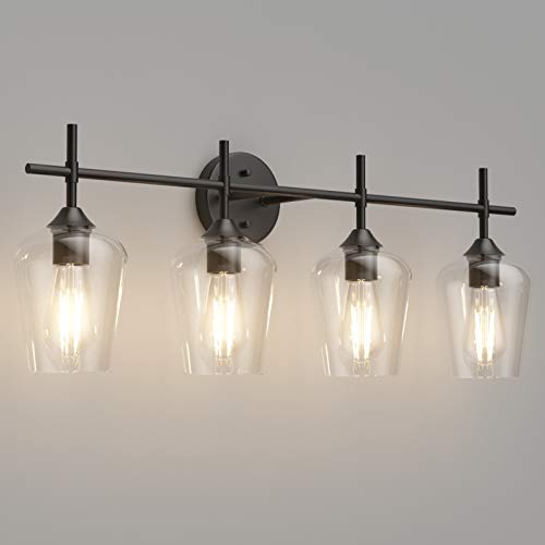 Ralbay Vintage Bathroom Vanity Lighting Fixtures 4-Lights Industrial Matte Black Finish with Clear Glass Vanity Lights Farmhouse Bathroom Vanity Lights Wall Sconce - color: Black, size: 4-Light