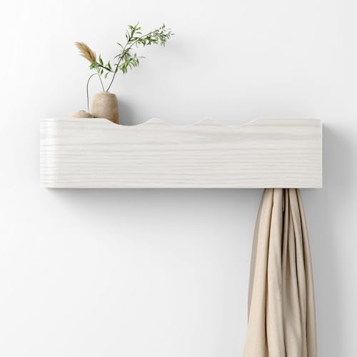 Coat Rack Wall Mount with Hidden Hooks, Wall Hooks with Shelf, Wall Key Holder Mount Wooden Shelf Entryway Hooks for Bedroom Bathroom for Hanging Coats Hats Bags Towels (White Wave-Shape, 4 Hooks) - color: White Wave-Shape, size: 4 Hooks