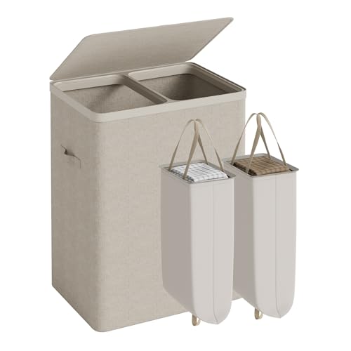 Double Laundry Hamper with Lid, 150L Large Laundry Basket 2 Compartments | Gasvadivum Dirty Clothes Hamper 2 Section with Portable Liner Bags and Handles for Laundry Room, Bedroom, Easy Assembly,Beige - color: Beige