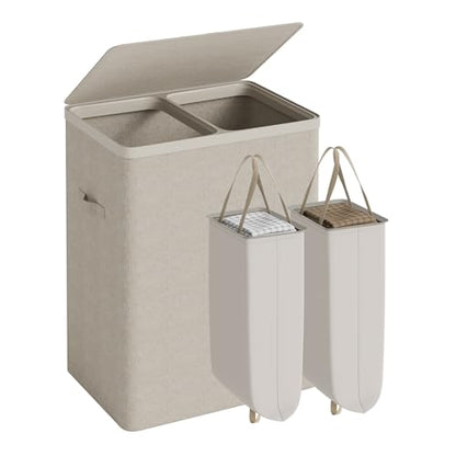 Double Laundry Hamper with Lid, 150L Large Laundry Basket 2 Compartments | Gasvadivum Dirty Clothes Hamper 2 Section with Portable Liner Bags and Handles for Laundry Room, Bedroom, Easy Assembly,Beige - color: Beige
