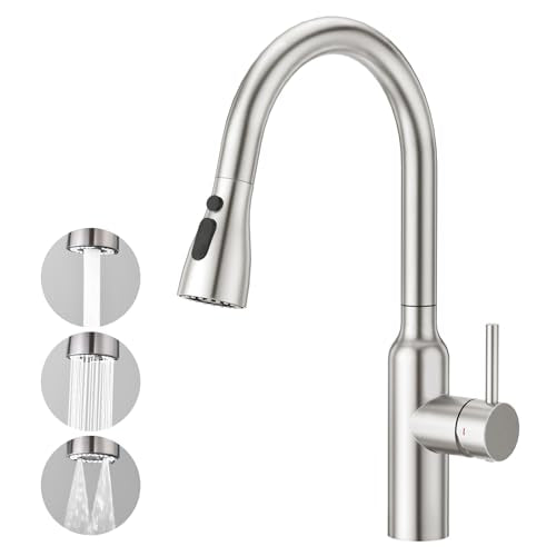 CREA Brushed Nickel Kitchen Faucets with Pull Down Sprayer, Faucets for Kitchen Sink, Small High Arc RV Stainless Steel Single Handle Pull Out Kitchen Sink Faucets, Brushed - color: Brushed, style: standard