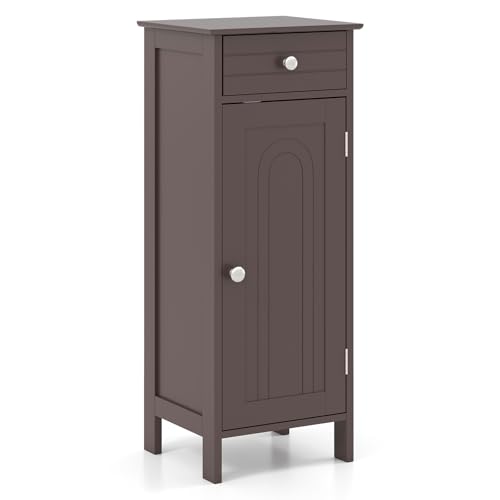 Tangkula Bathroom Floor Cabinet, Free-Standing Single Door Storage Cabinet with Drawer & 2 Adjustable Shelves, Wooden 14”L Narrow Side Storage Organizer for Small Spaces, Living Room, Kitchen (Brown) - color: Brown