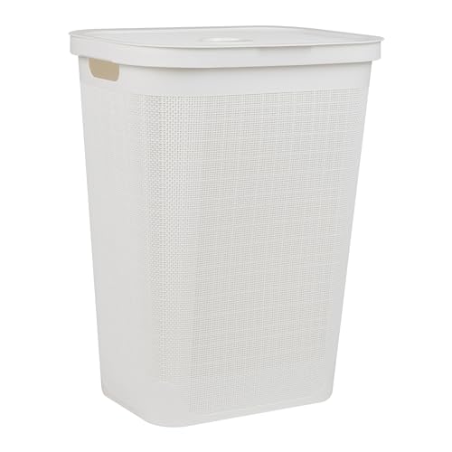 Mind Reader 60L Slim Laundry Hamper, Clothes Basket, Lid, Linen Design, Plastic, White - color: White
