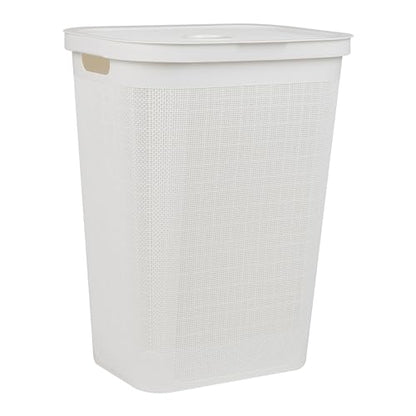 Mind Reader 60L Slim Laundry Hamper, Clothes Basket, Lid, Linen Design, Plastic, White - color: White