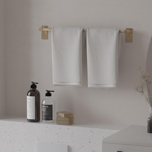 Towel Bar, Adhesive or Drill Wall Mount, Brushed Gold, 2 Pack | Adjustable 14.4 to 25.2 Inch, 304 Stainless Steel Hand Towel Holder, Square Base Towel Racks for Bathroom, Kitchen Use - color: Standard Length–gold