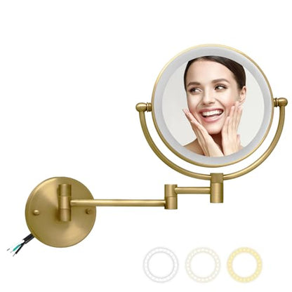 8" Lighted Make up Mirror Wall Mounted 10X Magnifying Hardwired | Double Side 3 Color Lighting Touch Dimming, Bathroom 360 Swivel Extended Arm Light up Vanity Shaving, Brushed Antique Brass - color: Antique Brass