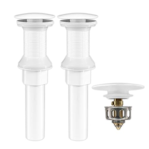 Bathroom Sink Drain,2 Pack White Drain Stopper Bathroom Sink Without Overflow,Pop Up Drain Assembly with Detachable Strainer Basket,Built-in Anti-Clogging, Stainless Steel Nut - color: 2 Pack-white-big Cap, style: Without Overflow