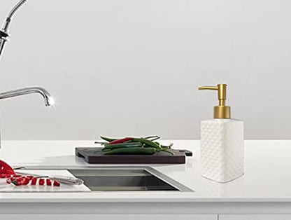 Chic Unique White Soap Dispenser for Bathroom with Golden Pump,Lotion Dispenser, Refillable Countertop Ceramic Hand Dispenser,Dish Dispenser for Kitchen 350ml(White Square Bottle) - color: White Square Bottle