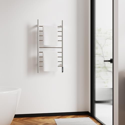 Brushed Nickel 9-Bar Heated Towel Rack with Smart Touch Screen Timer 304 Stainless Steel Wall Mounted Bathroom Towel Warmer Plug-in/Hard-Wired Waterproof IPX4