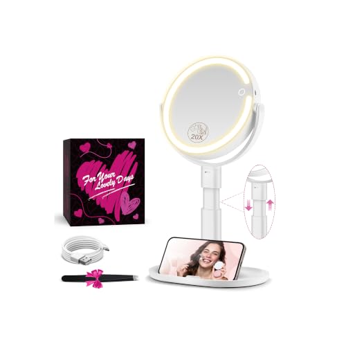 MOMOKUBA Makeup Mirror with Lights, 20X Magnifying Mirrors, Height Adjustable, Vanity Mirror with Lights Rechargeable 3 Color Modes, Double-Sided Detachable Travel Mirrors, Gift for Women (White) - color: White