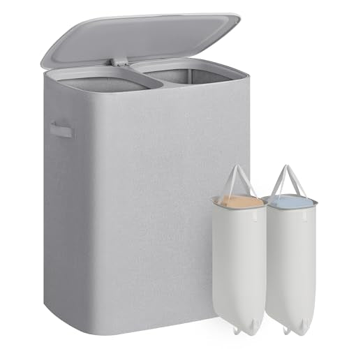SONGMICS Laundry Basket with Lid, 42.2 Gallons, 2-Compartment Laundry Hamper with Handle, Removable Liner, Easy Assembly, 22 x 15.7 x 27.5 Inches, Dove Gray ULCB822G101 - color: Dove Gray