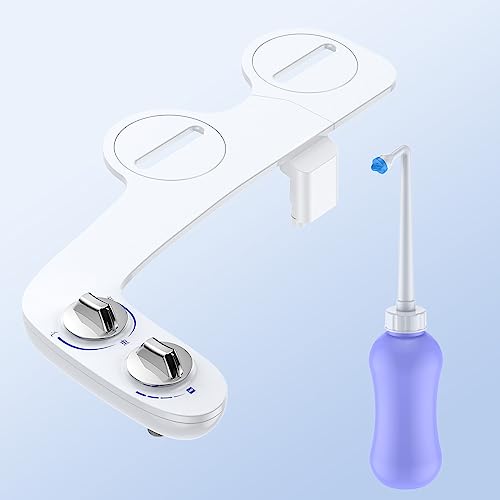 Bidet Attachment for Toilet Seat, Dual Nozzle Rear and Feminine Wash, Self Cleaning Sprayer, Non Electric Bidet with Adjustable Cold Water Pressure, EB012 Dual Wheel - color: White-01