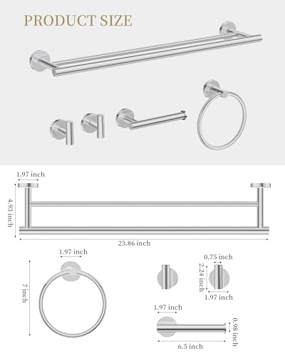 Chrome Bathroom Hardware Accessories Set 5 pcs Double Towel Holder Bar Set | 24 inches Stainless Steel Towel Bar, Towel Racks for Bathroom Robe Towel Hooks Toilet Paper Holder Wall Mounted by BATHLAVISH - color: Polished Chrome