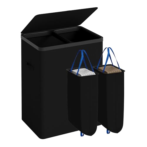 Double Laundry Hamper with Lid, 150L Large Laundry Basket 2 Compartments | Gasvadivum Dirty Clothes Hamper 2 Section with Portable Liner Bags and Handles for Laundry Room, Bedroom, Easy Assembly,Black - color: Black