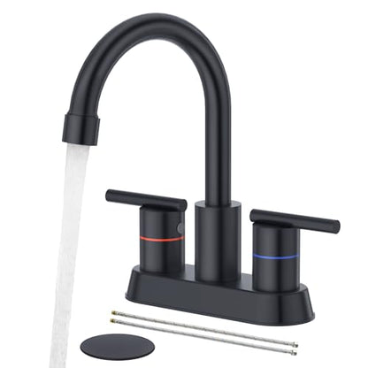 Faustina Matte Black Bathroom Faucet, 4 Inch Centerset Bathroom Faucets for Sink 2 Hole 3 Holes，Two Handles 304 Stainless Steel Faucet with Pup up Drain and 2 cUPC Water Supply Lines for RV Vanity - color: Black, style: Modern Centerset