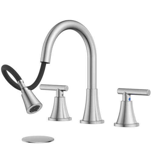 8 Inch Pull Out Sprayer Bathroom Faucet 3 Hole, Widespread 2 Handle Sink Faucet with Pop Up Drain and Supply Lines, Stainless Steel for Vanity, RV, Brushed Nickel - color: Brushed Nickel, size: 8 IN