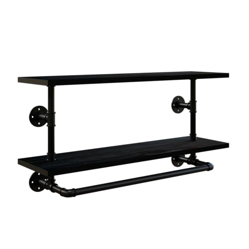 Clothes Rack 36in, 2-Tier Wall Mounted Garment Rack with Real Wood Shelf, Heavy Duty Hanging Clothes Rack, Multi-Purpose Hanging Rod, Space-Saving Closet Storage - color: Black, size: 2T36IN