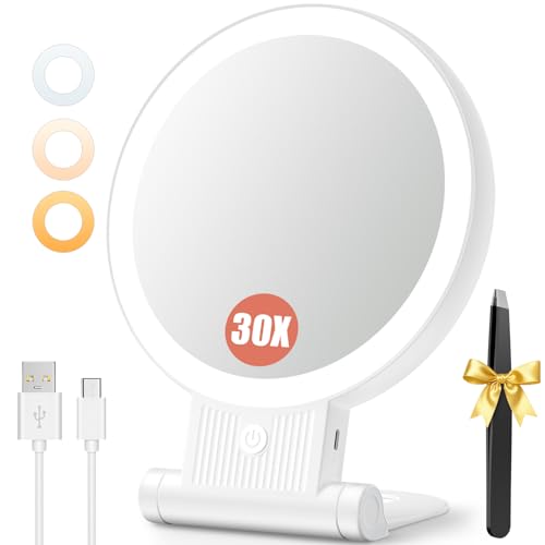 Auxmir 30X/1X Makeup Magnifying Mirror with Light, BM-2403 | double-sided button, adjustable 3 color lights, foldable design, desk mirror for travel women, 2000mAh battery, twezzers - color: 1x/30x White