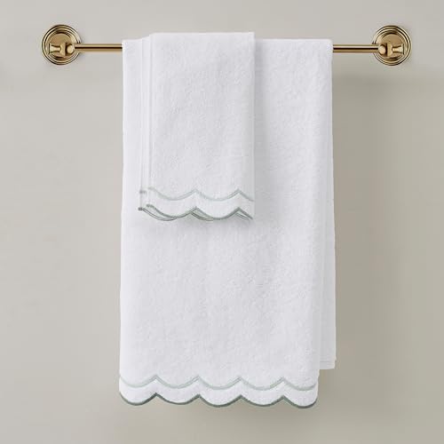 Peri Home 2 Piece Cotton Bath Towel Set, Embroidered, White, Sage Scallop - color: White With Sage Scallop, size: 2 Bath Towel