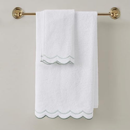Peri Home 2 Piece Cotton Bath Towel Set, Embroidered, White, Sage Scallop - color: White With Sage Scallop, size: 2 Bath Towel