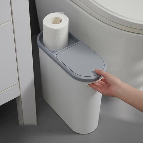 Slim Bathroom Trash Can with Press Top Lids, 2.1 Gallon White Small Trash Can for RV Inside, Plastic Narrow Garbage Can, Rectangular Waste Basket Trash Bin for Bathroom, Bedroom, Office, Kitchen