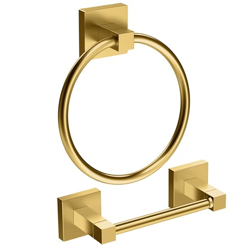 RUACQ Brushed Gold Toilet Paper Holder & Towel Ring, Bathroom Accessories | 2-Piece Bathroom Hardware Set, Pivoting Tissue Roll Holder, Hand Towel Ring, Square Base, 304 Stainless Steel, Wall Mounted - color: Brushed Gold, size: 2pcs