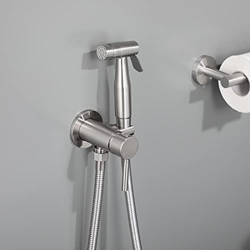 Handheld Bidet Sprayer for Toilet Warm Water Brushed Nickel | Wall Mount Stainless Steel Bidet Hand Held Sprayer with Brass Hot and Cold Mixing Valve, 47 Inches Anti-leaking Bidet Hose - color: Brushed Nickel