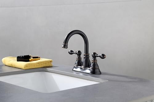 Oil Rubbed Bronze 4 Inch Centerset Bathroom Faucet 3 Hole with Drain,2 Pack | Derengge High Arc Classic 2-Handle Bathroom Faucet, Vanity Lavatory Faucet with 360° Swivel Spout，F-4501-ORB - color: Oil Rubbed BronzeX2
