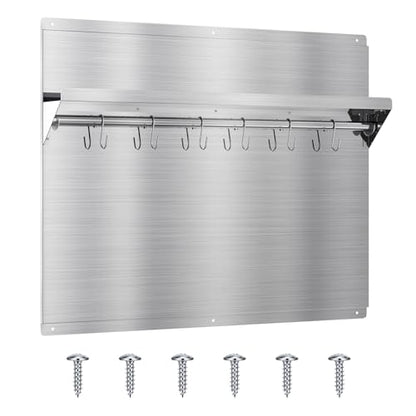 EKON Stainless Steel Backsplash 24 x 30 Inch Wall Shield for Kitchen Easy Clean And Installation with Built-in Storage Shelf and Hanging Rack