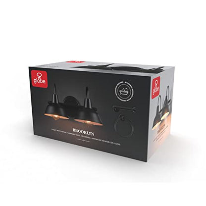 Globe Electric 63000004 3-Piece Bathroom Set, Matte Black, 15.5" 2-Light Vanity Light, Towel Ring, Toilet Paper Holder, Bulb Not Included - color: Matte Black, Brooklyn (3-Piece)