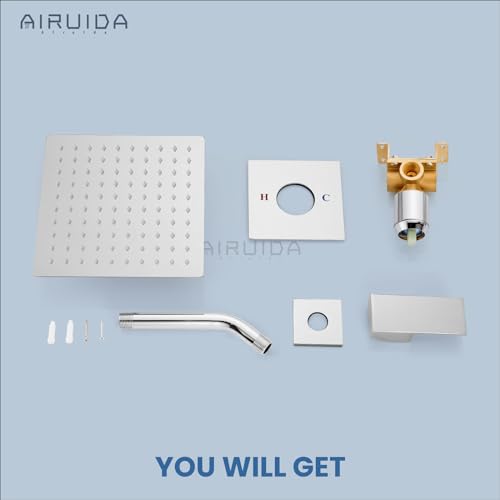 Airuida Chrome Polish Shower Faucet Set,8 Inch Shower Valve Kit | Square Showerhead,Female Thread Rough-in Valve,Bathroom Rain Shower System,Single Function Handle - color: Chrome Polish