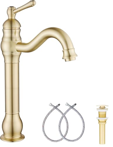 360 Swivel Single-Handle One Hole Vessel Sink Faucet with Matching Pop Up Drain - Brushed Gold Farmhouse Bathroom Vanity Faucet - color: Brushed Gold, size: Vessel