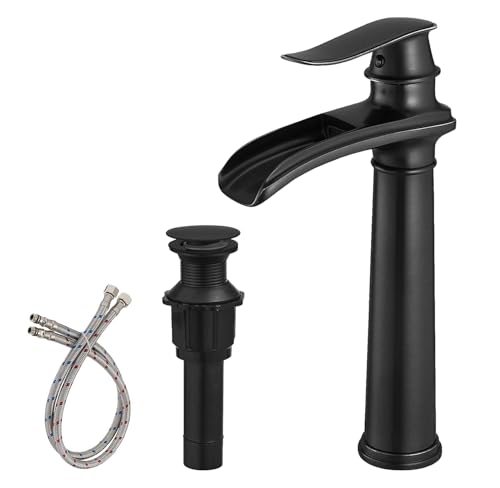 BWE Vessel Sink Faucet Waterfall Matte Black Bathroom Faucets Single Hole | Single Handle Bathroom Sink Faucet Tall Vessel Brass Faucet with Pop Up Drain and Water Supply Line,Solid Brass - color: Matte Black, size: 11.81 inch Vessel Version