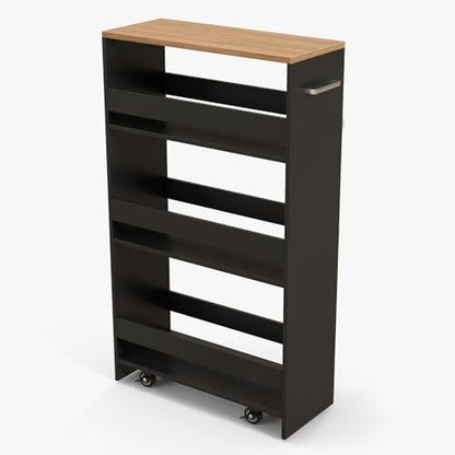 POWERSTONE 4-Tier Slim Storage Cart, Narrow Kitchen Rolling Cart w/Handle & Open Shelves, Skinny Slide Out Utility Organizer Trolley for Kitchen Bathroom Laundry Small Spaces Black & Natural - color: Black