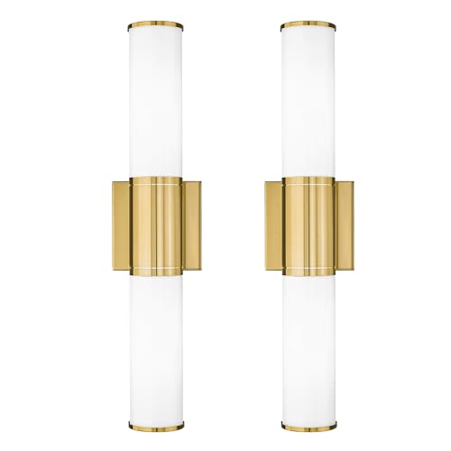 2-Pack Brushed Gold Bathroom Vanity Light Fixtures, Milk Glass Shade | 2-light modern bathroom wall sconces, vertical or horizontal mount,E26 base, hardwired, bulbs not included, VL834-BG-ML-2PK - color: Brushed Gold-Milk Glass, 2-Pack