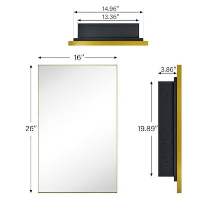 TEHOME Recessed Mount 16x26'' Squared Rectangle Brushed Gold Bathroom Medicine Cabinet with Mirror Gold Metal Framed Rectanglular Medicine Cabinet 2 Adjustable Glass Shelves - color: Brushed Gold