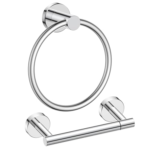 FORIOUS Toilet Paper Holder and Towel Ring Set, Bathroom Accessories Set | Chrome | Double Post Pivoting Toilet Paper Holder Wall Mounted and Hand Towel Ring | SUS304 Stainless Steel | Round - color: Chrome, size: Classic