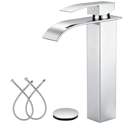 Chrome Waterfall Bathroom Faucet 1 Hole Vessel Sink Faucet | Certified NSF cUPC DOE CEC SUS304 steel.waterfall spout,Single Handle Bathroom Sink Fauce,Pop-up Drain,Fits vanity,Bar sink - color: A-Chrome, style: Tall