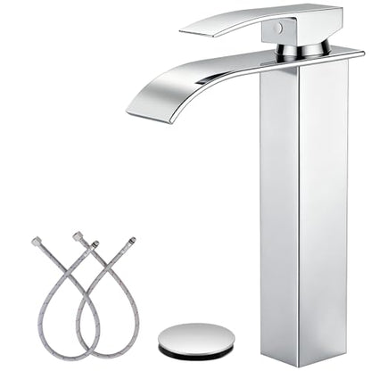 Chrome Waterfall Bathroom Faucet 1 Hole Vessel Sink Faucet | Certified NSF cUPC DOE CEC SUS304 steel.waterfall spout,Single Handle Bathroom Sink Fauce,Pop-up Drain,Fits vanity,Bar sink - color: A-Chrome, style: Tall