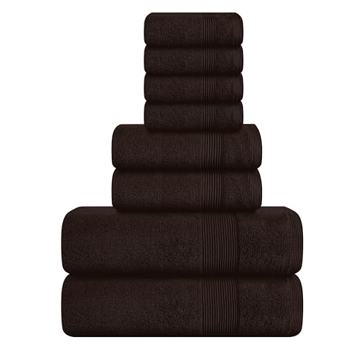 8 Piece Towel Set 100% Ring Spun Cotton, 2 Bath Towels 27x54, 2 Hand Towels 16x28 and 4 Washcloths 13x13 - Ultra Soft Highly Absorbent Machine Washable Hotel Spa Quality - Chocolate Brown - color: Chocolate Brown, size: 8 Piece Towel Set