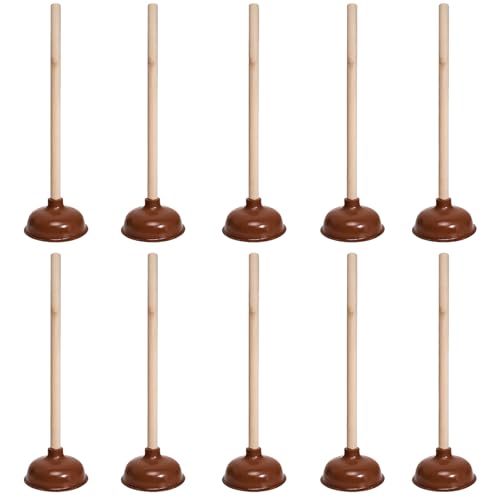 10 Pcs Toilet Plungers with 18 Inch Long Wooden Handle Heavy-duty Design, Strong Force Suction Cup Rubber Plunger for Bathroom, Fix Clogged Toilets, Drains, and Sinks (Brown)