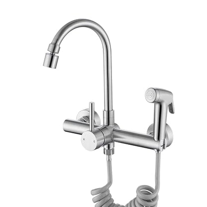 Wall Mount Kitchen Faucet with Side Sprayer, Commercial Sink Faucet 8 Inch Center, 360 Swivel Spout, Dual Functional Sprayer, Utility Sink Mixing, 304 Stainless Steel, Brushed Nickel Finish - color: E Style, Nickel Brushed