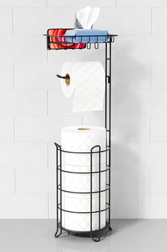 Goozii Matte Black Free Standing Toilet Paper Holder Stand with Shelf, Freestanding Bathroom Tissue Dispenser with Wipes Storage, Floor Toilet Paper Holder with Phone Tray for Large Mega Rolls - color: Black