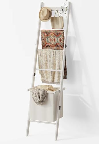 BAMBANG Bamboo Blanket Ladder with Basket, 5-Tier Quilt Rack Stand with 4 Hooks & Storage Hamper for Living Room Bathroom, Wall Leaning Decorative Ladder Shelf for Blankets Display (White)