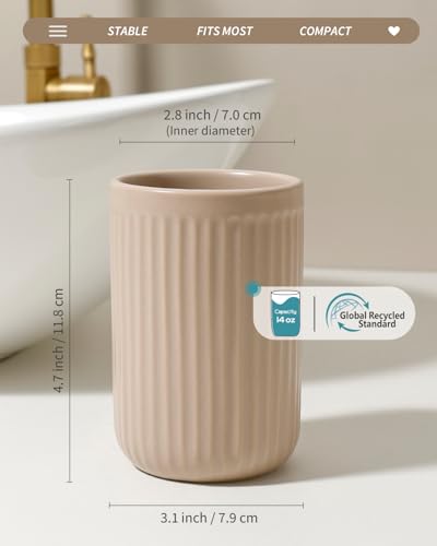 BosilunLife Ceramic Toothbrush Holder - 12oz Bathroom Toothbrush Holder Tooth Brush Holders Tumbler Cups Reusable Toothbrush Mouthwash Cup Small Toothbrush and Toothpaste Holder, Striped Khaki - color: Khaki--vsc, size: striped-cylinder