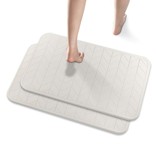 JUERLEN 2 Pack Diatomaceous Earth Shower Mat, Stone Bath Mat, Nonslip Super Absorbent Fast-Drying Hard Bath Mat for Bathroom Shower Floor, 24 x 16 inch, Grey and White Arrow Design - color: Pallid