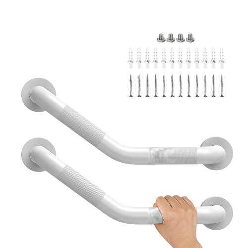 16 Inch Angled Shower Grab Bar White, Munzong 2 Pack Anti Slip Bathroom Grab Bar, Knurled Bathroom Balance Bar,Safety Hand Rail Support Handicap Elderly Injury Senior Assist Bath Handle-1.25” Tube | 2 Pack Knurled Bathroom Balance Bar Safety Hand Rail Sup